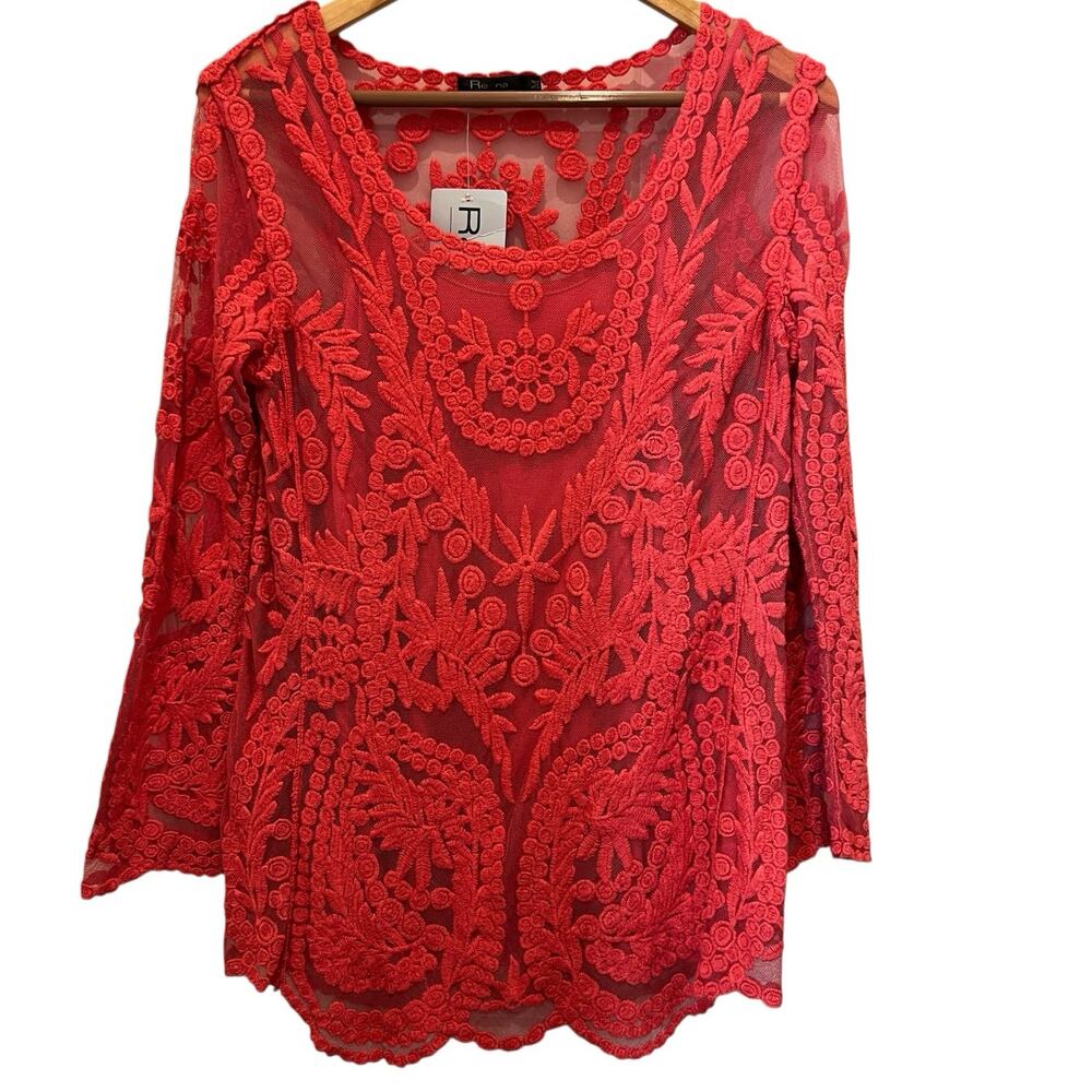 Women’s Red Embroidered Lace Long-Sleeve Blouse - Brand